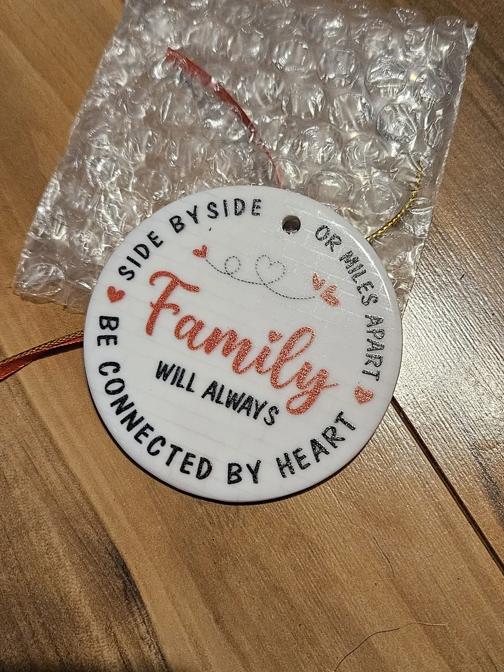 Family Will Always Be Connected By Heart Round Ornament - White & Rose Gold